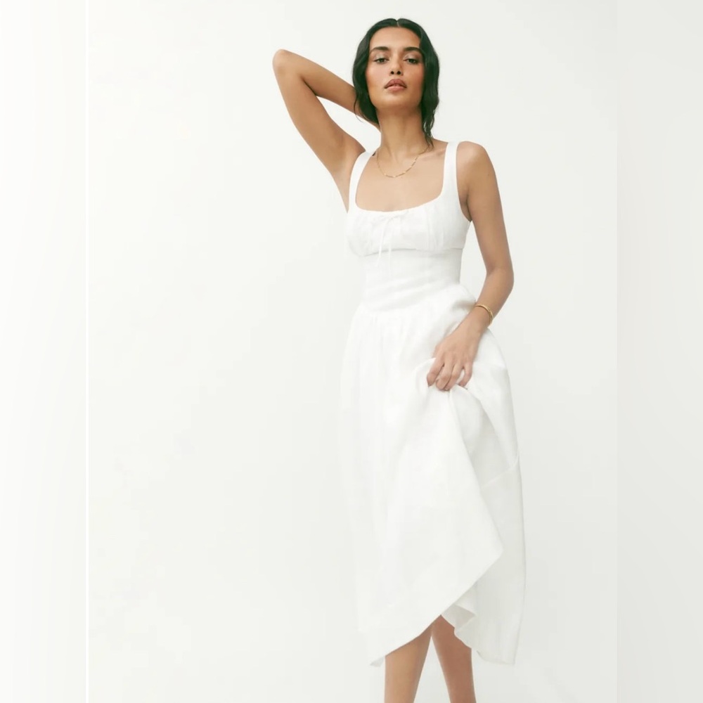 Reformation Balia Linen Dress Petite- White Linen Midi Dress